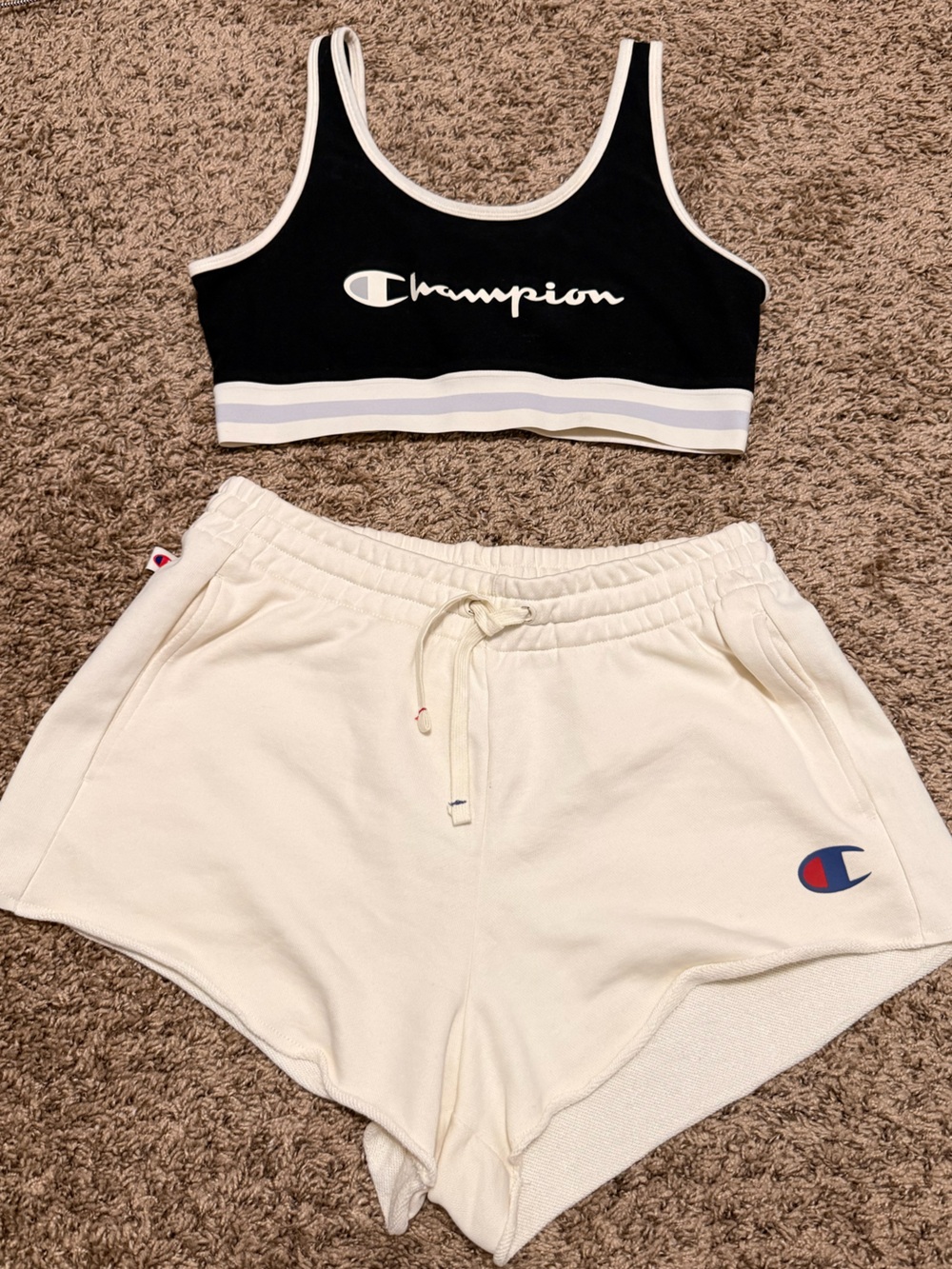 Champion SET • Retro Stripe Black Sports Bra & Cream Shorts • Bra Lg / Shorts Sm